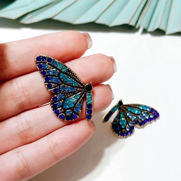 Blue diamond butterfly earrings S3 - Picture 2 of 3